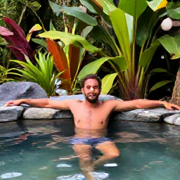 Caribbean Holidays, Dominica in February, Traveller relaxing in a warm natural hot spring surrounded by tropical plants and rainforest in Dominica