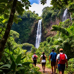 Caribbean Holidays, Dominica in February, Travellers walking through Dominica&rsquo;s lush rainforest towards a waterfall beneath a bright February sky