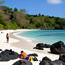 Caribbean Holidays, Dominica in February, Visitors relaxing beside a secluded Dominica beach, with snorkelling gear, volcanic rocks, turquoise Caribbean water and lush rainforest in the background