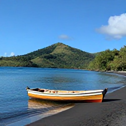 Caribbean Holidays, Dominica in February, Warm Caribbean beach on Dominica in February with calm blue water, dark volcanic sand, green hills and a small wooden boat