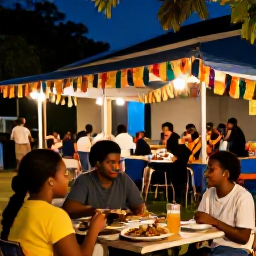 Caribbean Holidays, Dominica in February, Warm evening scene in Roseau, Dominica, with visitors enjoying local food, music and colourful cultural decorations
