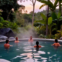 Caribbean Holidays, Dominica in January, A peaceful Dominica hot spring surrounded by tropical forest, with visitors relaxing in warm mineral water at dusk