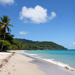 Caribbean Holidays, Dominica in January, A sunlit Caribbean coastline in Dominica during January, with a quiet sandy beach, turquoise water, green hills and a few palm trees
