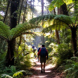 Caribbean Holidays, Dominica in January, Hikers walking through Dominica's emerald rainforest on the Waitukubuli National Trail, with ferns, towering trees and shafts of sunlight