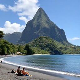 Caribbean Holidays, Dominica in January, Visitors relaxing on a peaceful black sand beach in Dominica, with calm Caribbean water, forested mountains and bright January sunshine