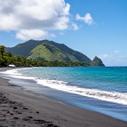 Caribbean Holidays, Dominica in July, Quiet black sand beach and turquoise Caribbean Sea on Dominica in July, with green hills in the background