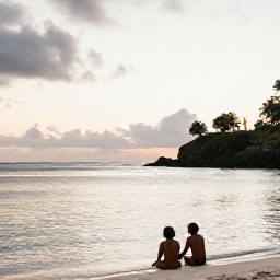 Caribbean Holidays, Dominica in June, A couple enjoying a sunset on a secluded Dominica beach in June, with calm water, volcanic coastline and soft evening light