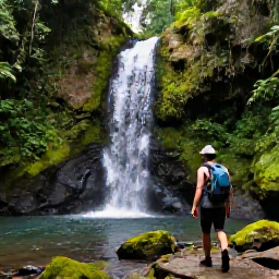 Caribbean Holidays, Dominica in June, A hiker walking through lush Dominica rainforest in June, beside a clear waterfall and moss-covered rocks