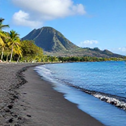 Caribbean Holidays, Dominica in June, A quiet black-sand beach on Dominica's Caribbean coast in June, with calm turquoise water, palm trees and green volcanic hills in the background