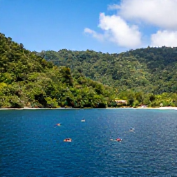 Caribbean Holidays, Dominica in June, Calm Caribbean bay in Dominica with snorkellers, colourful fish and forested hills in the background