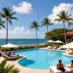 Caribbean Holidays, Dominica in June, Comfortable all-inclusive resort in Dominica with pool, palm trees and guests relaxing beside the Caribbean Sea