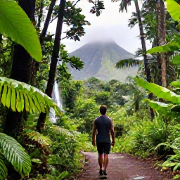 Caribbean Holidays, Dominica in June, Dominica&rsquo;s lush rainforest trail in June with a traveller walking towards a waterfall, wet green leaves, volcanic mountains and soft tropical sunshine