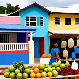 Caribbean Holidays, Dominica in June, Friendly Dominica village market in June with local fruit, spices and handmade crafts, surrounded by colourful Caribbean buildings