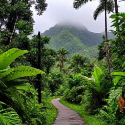 Caribbean Holidays, Dominica in June, Lush Dominica rainforest in June, with misty green mountains, tropical foliage and a narrow trail after light rain