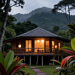 Caribbean Holidays, Dominica in June, Peaceful Dominica rainforest lodge in June at dusk, with warm lights, tropical plants and misty green hills