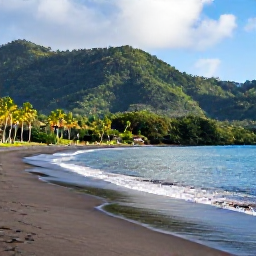 Caribbean Holidays, Dominica in June, Quiet black sand beach on Dominica in June, with calm turquoise water, palm trees and forested hills behind