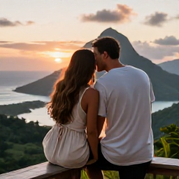 Caribbean Holidays, Dominica in June, Relaxed couple enjoying a sunset view over Dominica's green mountains and Caribbean coastline