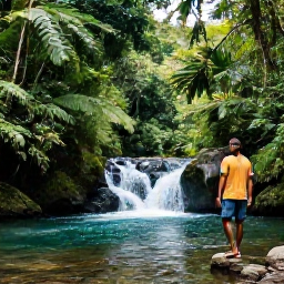 Caribbean Holidays, Dominica in June, Traveller walking through Dominica rainforest beside a clear river and small waterfall in June