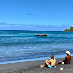 Caribbean Holidays, Dominica in June, Travellers relaxing on a peaceful Dominica beach in June, with dark volcanic sand, clear Caribbean water and a small fishing boat offshore