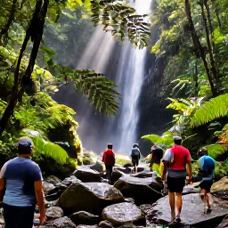 Caribbean Holidays, Dominica in June, Visitors walking through Dominica rainforest towards a waterfall in June, with wet rocks, ferns and shafts of sunlight