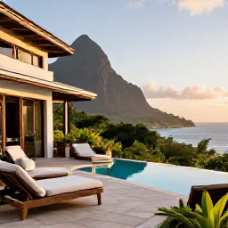 Caribbean Holidays, Dominica in March, A stylish luxury villa terrace overlooking Dominica's rainforest and Caribbean coastline at golden hour in March