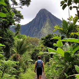 Caribbean Holidays, Dominica in March, Backpacker walking through lush rainforest on Dominica in March, with volcanic mountains and tropical greenery