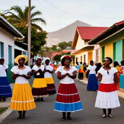 Caribbean Holidays, Dominica in March, Colourful Dominican cultural celebration in a village street during March, local people in traditional dress, musicians and warm Caribbean light
