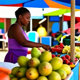 Caribbean Holidays, Dominica in March, Friendly Dominica village market with fresh tropical fruit, local food and colourful stalls in warm March daylight