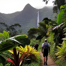 Caribbean Holidays, Dominica in March, Hikers crossing a rainforest trail towards Trafalgar Falls in Dominica, with misty mountains and tropical plants