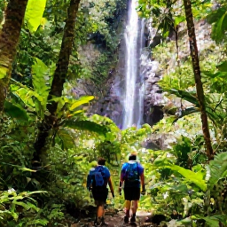 Caribbean Holidays, Dominica in March, Hikers walking through Dominica's emerald rainforest towards a mountain waterfall in bright March sunshine