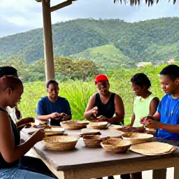 Caribbean Holidays, Dominica in March, Kalinago Territory in Dominica with a traditional craft workshop, woven baskets, lush hills and visitors learning from local artisans