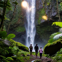 Caribbean Holidays, Dominica in March, Luxury travellers walking through Dominica's emerald rainforest towards a waterfall, with a local guide and soft March sunlight