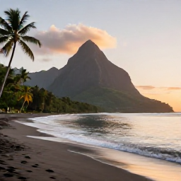 Caribbean Holidays, Dominica in March, Peaceful black-sand beach on Dominica at sunset, with calm sea, palm trees and green mountains in the background