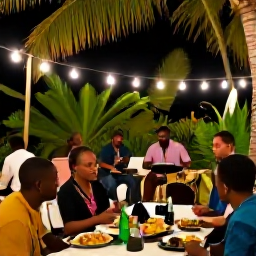 Caribbean Holidays, Dominica in March, Relaxed Caribbean evening in Dominica with local food, musicians and visitors dining outdoors beside tropical greenery