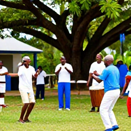 Caribbean Holidays, Dominica in March, Traditional Dominican drumming and dancing at an outdoor community gathering, joyful local musicians and families under tropical trees