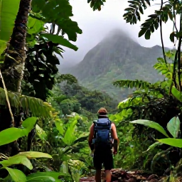 Caribbean Holidays, Dominica in May, A backpacker hiking through lush rainforest on Dominica in May, with misty mountains and tropical greenery