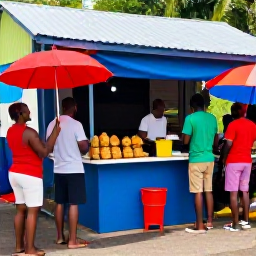 Caribbean Holidays, Dominica in May, A colourful local market and roadside food stall in Roseau, Dominica, with travellers trying Caribbean dishes