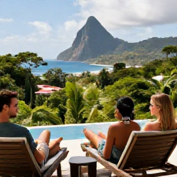 Caribbean Holidays, Dominica in May, A couple relaxing on a stylish private terrace with rainforest and Caribbean Sea views in Dominica