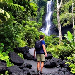 Caribbean Holidays, Dominica in May, A hiker crossing a forest path near a Dominica waterfall in May, surrounded by vivid green vegetation and volcanic rocks