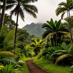 Caribbean Holidays, Dominica in May, A lush Dominica rainforest trail in May with tall palms, ferns, misty mountains and soft tropical light
