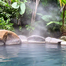 Caribbean Holidays, Dominica in May, A peaceful natural hot spring in Dominica surrounded by rainforest, rocks and light steam during a May holiday