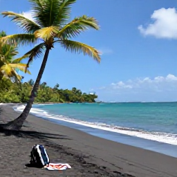 Caribbean Holidays, Dominica in May, A quiet black-sand beach on Dominica with palm trees, turquoise water and a lone backpack beside a towel