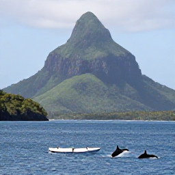 Caribbean Holidays, Dominica in May, A small boat watching whales and dolphins off Dominica's rugged green coastline in calm May waters