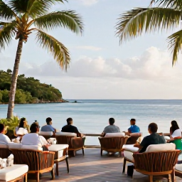 Caribbean Holidays, Dominica in May, An elegant beachfront terrace overlooking the calm Caribbean Sea on Dominica, with guests enjoying a relaxed May afternoon