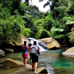 Caribbean Holidays, Dominica in May, Backpackers walking beside a clear river and waterfall in Dominica, surrounded by dense rainforest