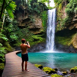 Caribbean Holidays, Dominica in May, Emerald Pool waterfall in Dominica surrounded by lush rainforest, with a wooden path and a visitor photographing the scene