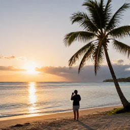 Caribbean Holidays, Dominica in May, Golden sunrise over Mero Beach in Dominica, with calm Caribbean water, palm trees and a traveller taking photographs