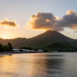 Caribbean Holidays, Dominica in May, Peaceful Dominica coastline at sunset in May, with a small fishing village, green hills and calm Caribbean water