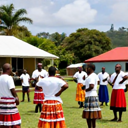 Caribbean Holidays, Dominica in May, Traditional Dominican cultural gathering with musicians, dancers and colourful dress in a village setting on Dominica during May