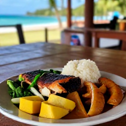 Caribbean Holidays, Dominica in May, Traditional Dominican meal served at a small open-air restaurant, featuring fresh fish, plantain, vegetables and local spices